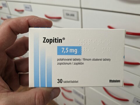 Prague, Czech Republic - July 9 2024: ZOPITIN box of medication with ZOPICLONE active substance by KRKA, used for treatment of insomnia and sleep disorders.

