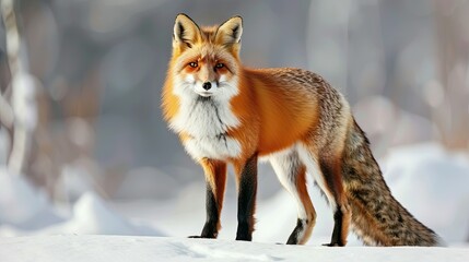 Fototapeta premium A red fox in a picturesque winter scene, standing out against a pristine white blanket of snow in a serene setting.