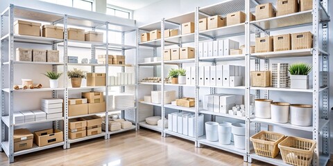Warehouse shelves stocked with various products. Image of a clean and organized warehouse with shelves full of diverse products, potentially ready for shipping or distribution.