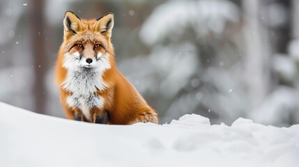 A red fox in a serene winter scene, its fur a striking contrast against the clean, white blanket of snow.