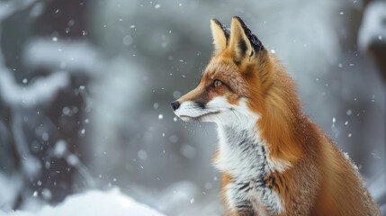 Fototapeta premium A red fox in a picturesque winter setting, its vibrant fur bright against the untouched white snow.