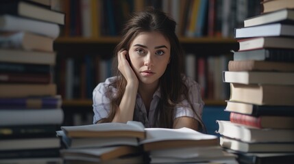 A young woman sits in a library with a stack of books in front of her, looking at the camera with a sad expression. Perfect for academic, study, and emotional themes