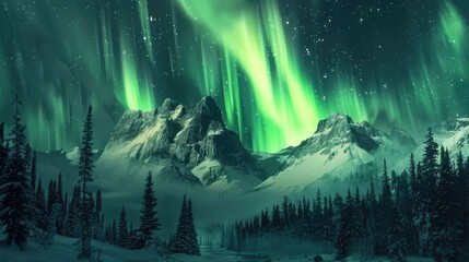 Obraz premium Aurora Borealis creating a stunning green display over a winter landscape with frosty trees and snow-covered peaks.