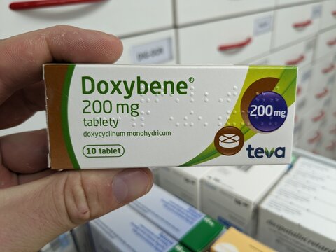 Prague, Czech Republic - July 9 2024: DOXYBENE box of medication with DOXYCYCLINE active substance by ZENTIVA, used for treatment of bacterial infections and acne.