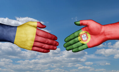 Portugal and Chad country handshaking with flags, consensus concept international co-operation illustration