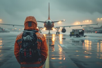 Airport ground staff in orange jacket with backpack standing in front airplane on wet tarmac during snowfall, lights reflecting on ground, misty dedication, precision required in airport operations.