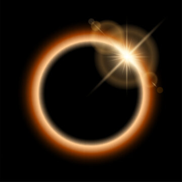 Realistic total solar eclipse with shining star, lens flare light overlay effect on black background. Vector yellow glowing sunlight circle in black space.
