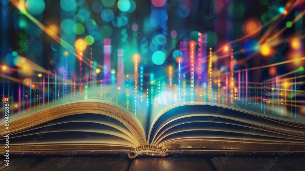 Poster open book with colorful lights, knowledge and imagination - open book with colorful data visualizati