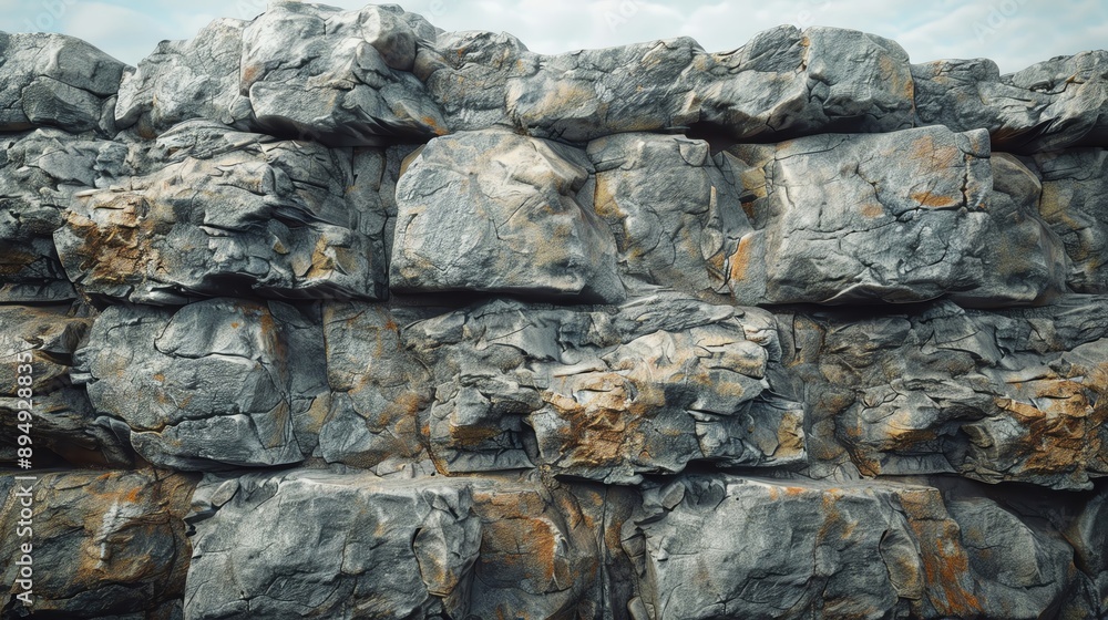 Poster close-up view of a stacked stone wall with rugged texture and natural color variations, ideal for ba
