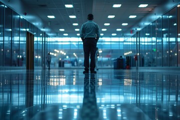 Fototapeta premium Back view man standing in modern airport terminal, with reflective floors, large windows allowing natural light flood in, setting conveys a sense solitude and anticipation in vast, clean space.