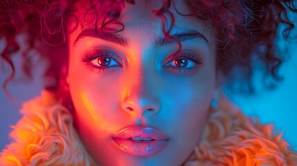Portrait of a woman with vibrant red and blue lighting highlighting her facial features and curly hair, perfect for use in fashion, beauty, and creative design projects,