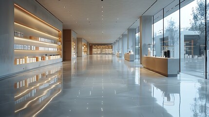 Fototapeta premium A modern, spacious showroom with large glass windows, sleek shelves, and polished floors, ideal for showcasing luxury products or high-end retail,