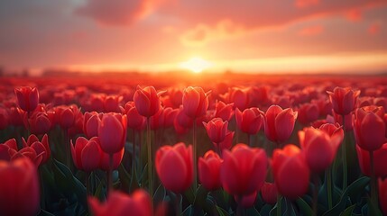 A vibrant field of red tulips at sunset with a warm glow, perfect for spring themes, nature backgrounds, or romantic cards,