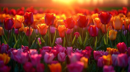 A vibrant field of multicolored tulips bathed in the warm glow of a sunset; perfect for themes of nature, beauty, tranquility, and rejuvenation,