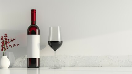 Clean white background showcasing a red wine bottle with a blank label, along with a filled and an empty wine glass. Perfect for graphic design.