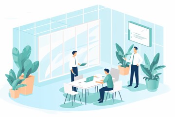 Business professionals brainstorming ideas in a meeting room, flat design, top view, creativity theme, cartoon drawing, colored pastel Free space,  