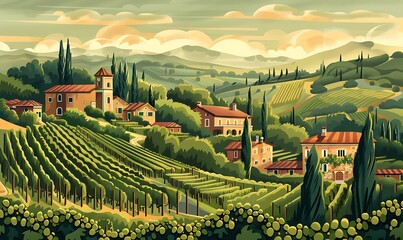 Naklejka premium A picturesque European landscape featuring lush vineyards and rustic farm buildings, designed in a typography poster style with elegant typography