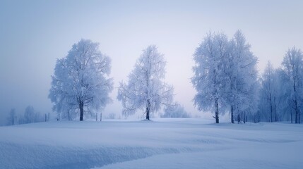 Fototapeta premium Dusky winter evening with frosted trees, showcasing a tranquil and picturesque snow-covered scene.