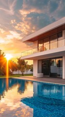 Fototapeta premium Luxurious Modern Villa with Infinity Pool at Sunrise: Elegant Contemporary Architecture Showcasing Exquisite Interior and Exterior Design. Stunning 4K Wallpaper of Resort-style Residence with Breathta