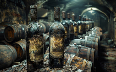 A row of wine bottles are lined up in a cellar. The bottles are old and dusty, and some of them have labels that are faded or missing.