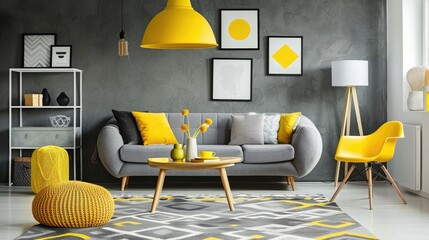 Living room with grey sofa, yellow pouf, designer chair, and yellow lamp above table