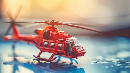 Fototapeta premium Red Toy Helicopter on Wet Surface with Sun Flare - A red toy helicopter sits on a wet surface with a sun flare in the background. This image symbolizes play, adventure, imagination, transportation