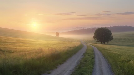 A serene countryside landscape at sunrise with a winding dirt road, green fields, and a lone tree, enveloped in a soft morning fog.