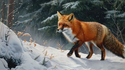 Fototapeta premium Elegant red fox exploring a pristine winter scene, its vibrant fur contrasting beautifully with the snow.