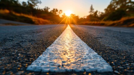 Road to Success: Asphalt Pathway with Sunset Glow - A close-up view of a white dividing line on an asphalt road