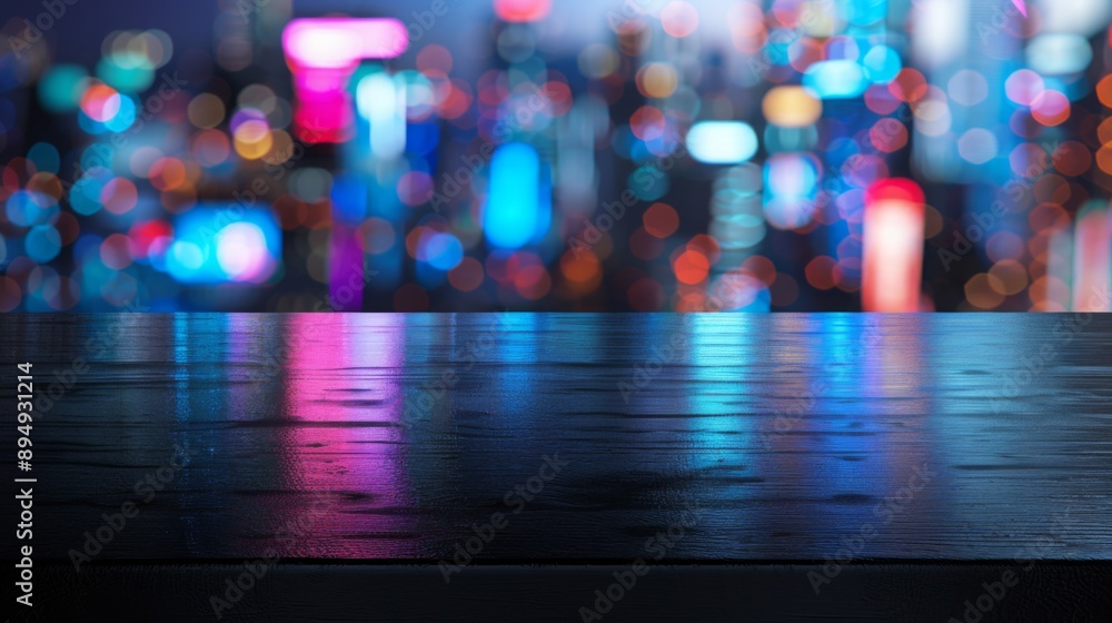 Poster A dark wooden table with a smooth surface, reflecting a blurred background of colorful lights in a city at night.
