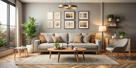 Fototapeta premium Cozy contemporary living room interior with plush sofa, coffee table, and artwork on the wall, cozy, contemporary