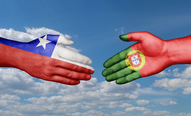 Portugal and Chile country handshaking with flags, consensus concept international co-operation illustration