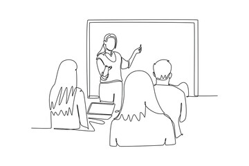 Lecturers teaching in class concept. Single line draw design vector graphic illustration.