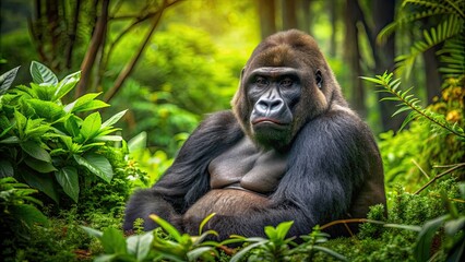 Naklejka premium A powerful gorilla resting among lush greenery in the forest, gorilla, wildlife, nature, primate, jungle, powerful, animal