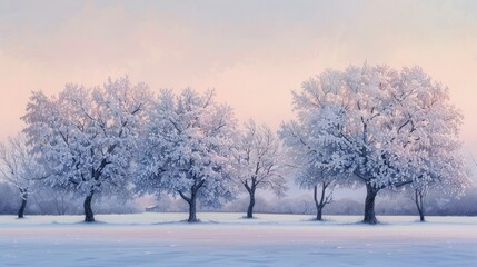 Fototapeta premium Frosty trees at twilight, capturing the serene beauty of a winter landscape bathed in soft, fading light.