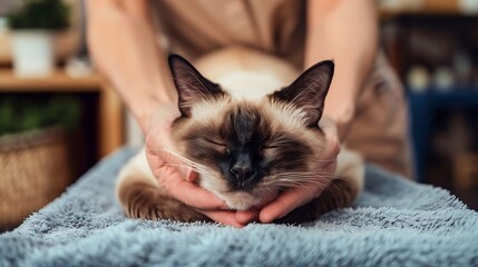 a siamese cat relaxing during grooming session