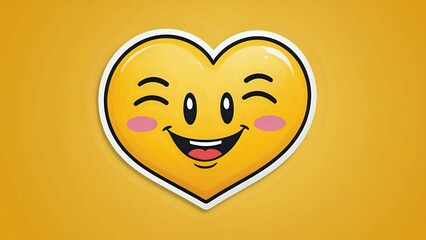 A happy heart-shaped cartoon emoji with a big smile, winking, and blushing on a yellow background.