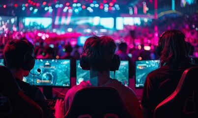 Fototapeta premium Intense Esports Championship: Professional Gamers Compete in Massive Stadium Arena. High-stakes Gaming Tournament Showcases Elite Teams, Cutting-edge Technology, and Electrifying Atmosphere in Spectac