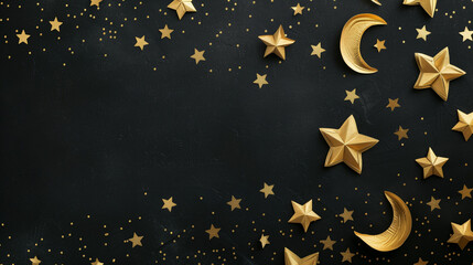 Naklejka premium Golden stars and crescent moon on black background.