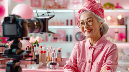 Senior woman with stylish pink headwrap smiling while filming a makeup tutorial in a vibrant beauty studio setting