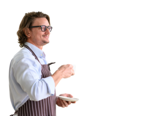 Portrait of happy senior man wearing glasses and denim apron spending and holding cup of hot coffee enjoying isolated on white background.