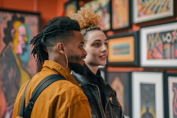 Fototapeta premium Portrait of a tender multiethnic couple in their 20s visiting an art exhibition
