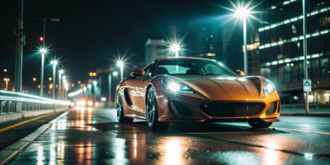 Luxury Sports Car in Urban Night Setting. A sleek luxury sports car parked on a city street at night, illuminated by the glowing lights of skyscrapers and street lamps.