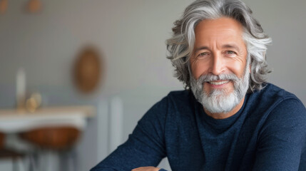 Smiling elderly man with gray hair and beard, wearing a navy blue shirt, in a relaxed indoor setting