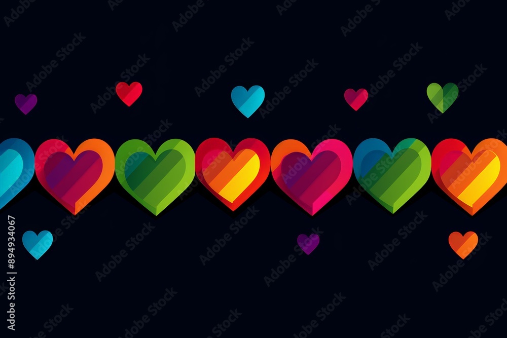 Poster a row of colorful hearts are arranged in a line. the hearts are of different colors and sizes, and t