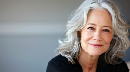 Fototapeta premium Smiling older woman with long gray hair, wearing a black top, posed against a neutral background, radiating warmth and confidence