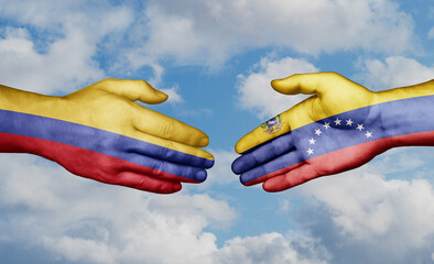 Venezuela and Colombia country handshaking with flags, consensus concept international co-operation illustration