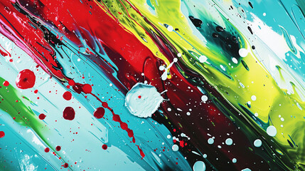 Dynamic abstract background with bold splashes of crimson, turquoise, and lime green paint, creating a lively and engaging visual effect