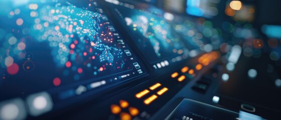 Performance analytics in a sci-fi control room, holographic screens, blue tones, detailed data visualization, modern tech