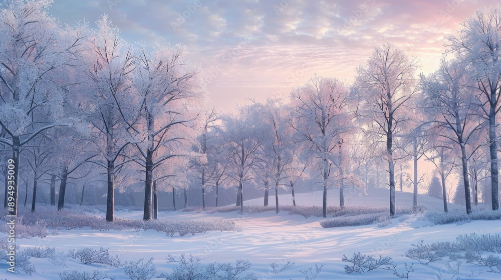 Poster winter dusk scene with frosted trees creating a tranquil landscape, bathed in soft twilight hues.
